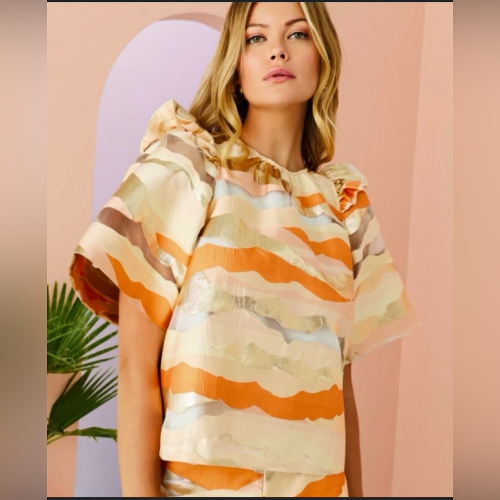 Marie Oliver Striped Ruffle Sleeve Blouse - Orange & Cream